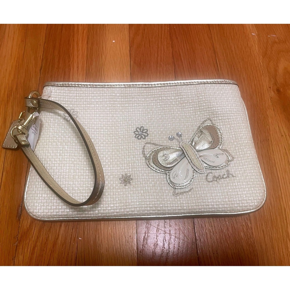 Coach Straw Wristlet NWT Natural Metallic Gold Butterfly Leather Trim Large